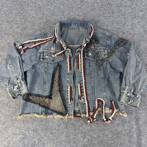 Sonya Sepia Denim Jacket Womens One Size Distressed Beaded Embellished Fringe